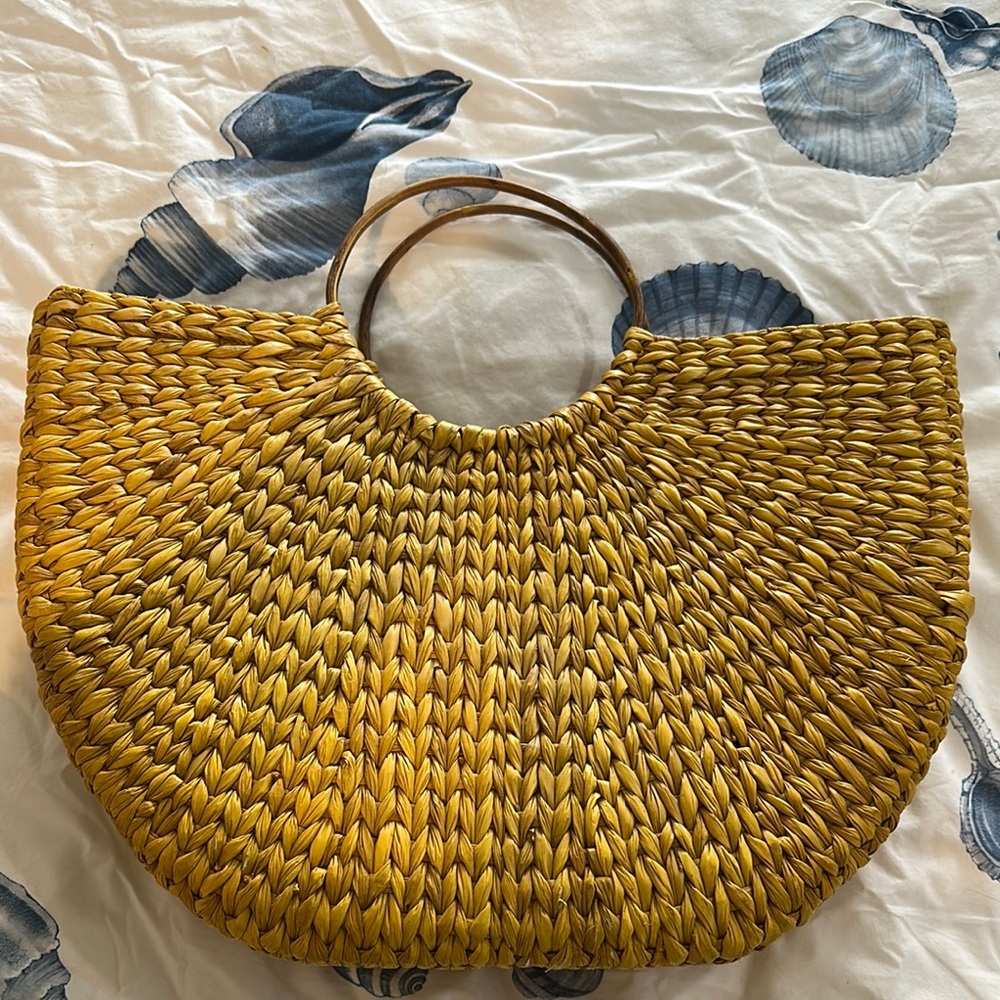 Anthropologie Yellow and Brown Woven Tote with Leather Handles